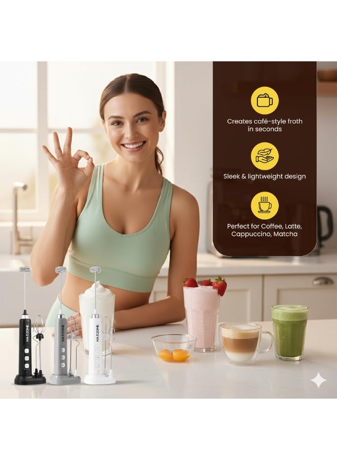 Hamzone Rechargeable Handheld Electric Milk Frother Foam Maker with Detachable Whisk & Cover-White - Image 2